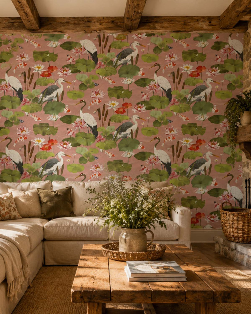 Blush Shimmering Koi Pond Wallpaper R10660