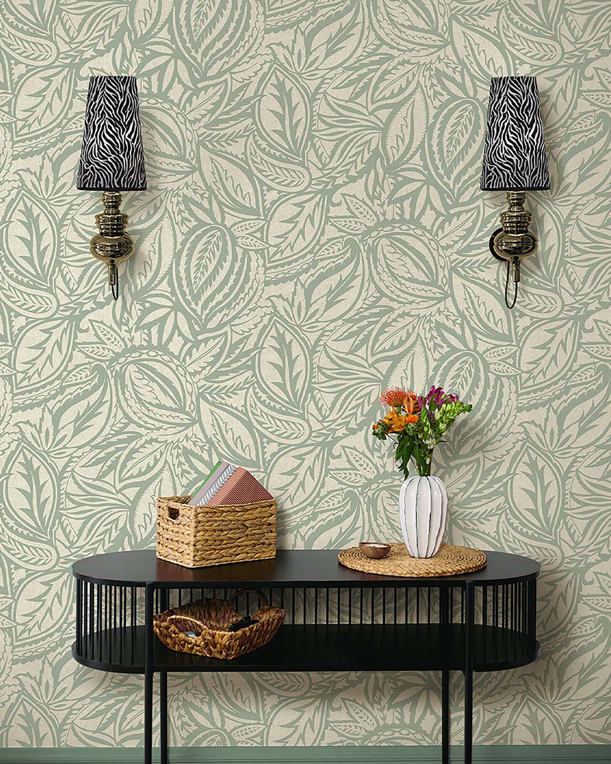 Light Teal Paisley Leaves Wallpaper R10665