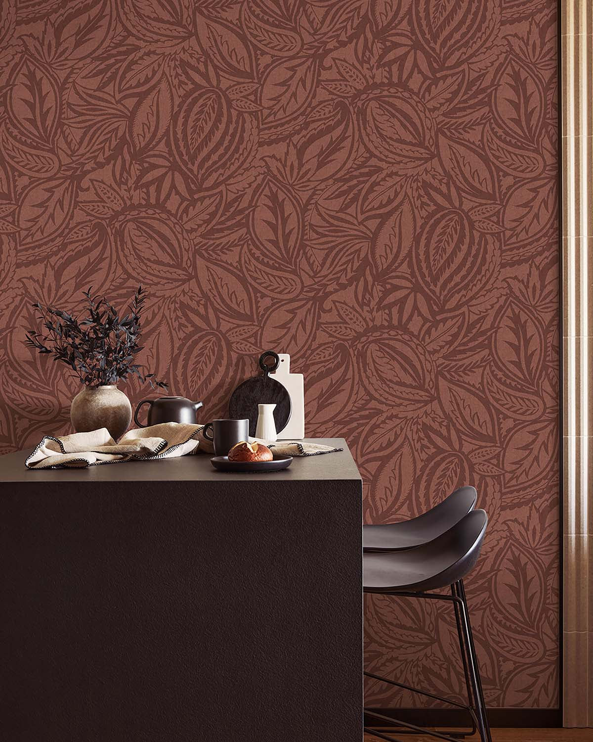 Maroon Paisley Leaves Wallpaper R10667