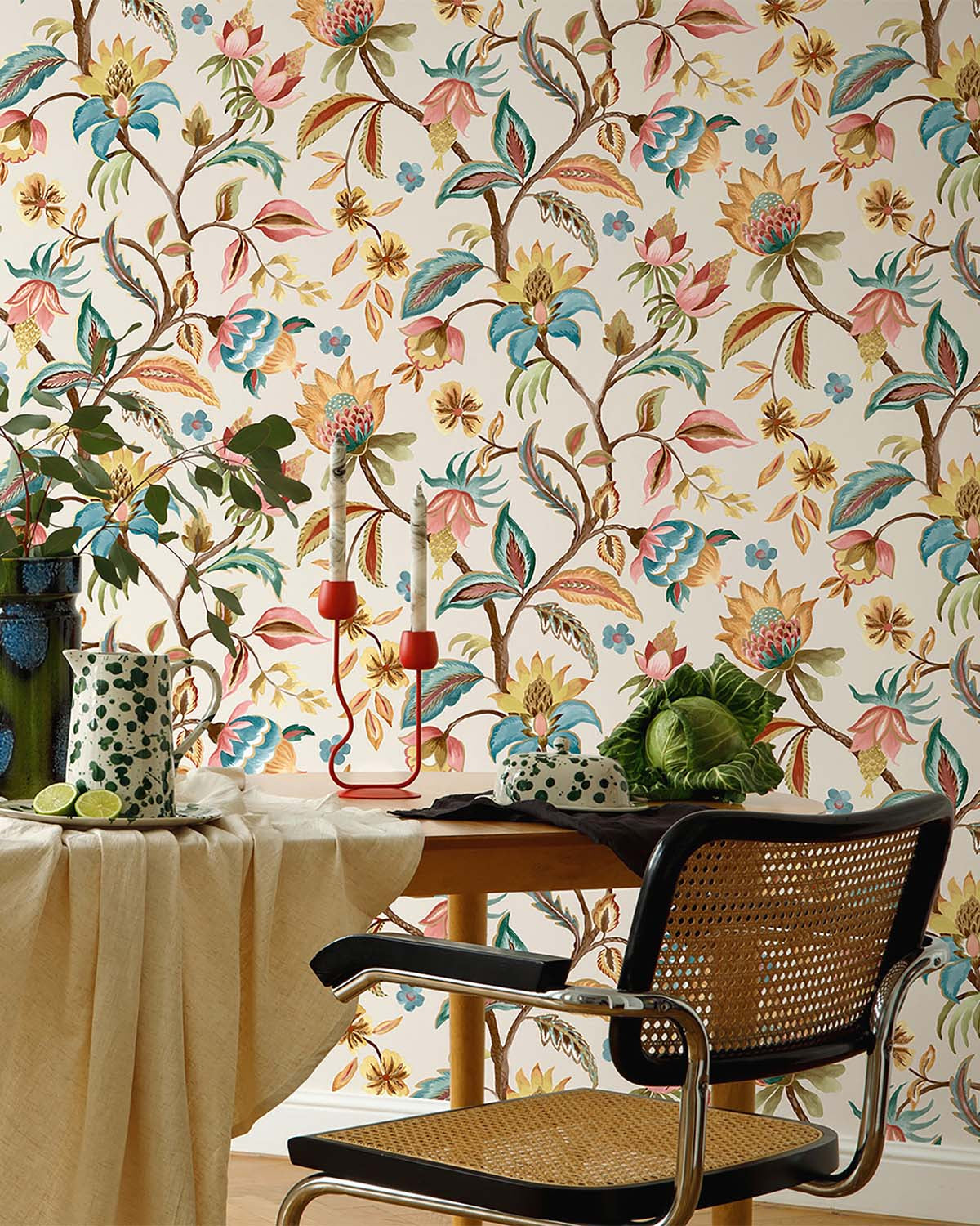 Cream - Teal Floral Jacobean Wallpaper R10674