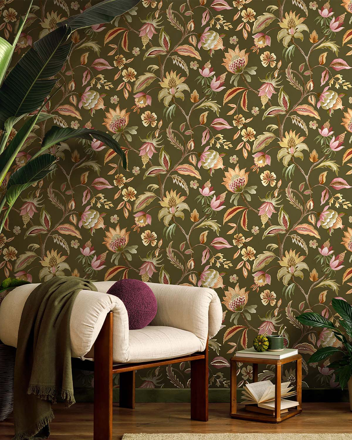 Khaki Floral Jacobean Wallpaper R10675
