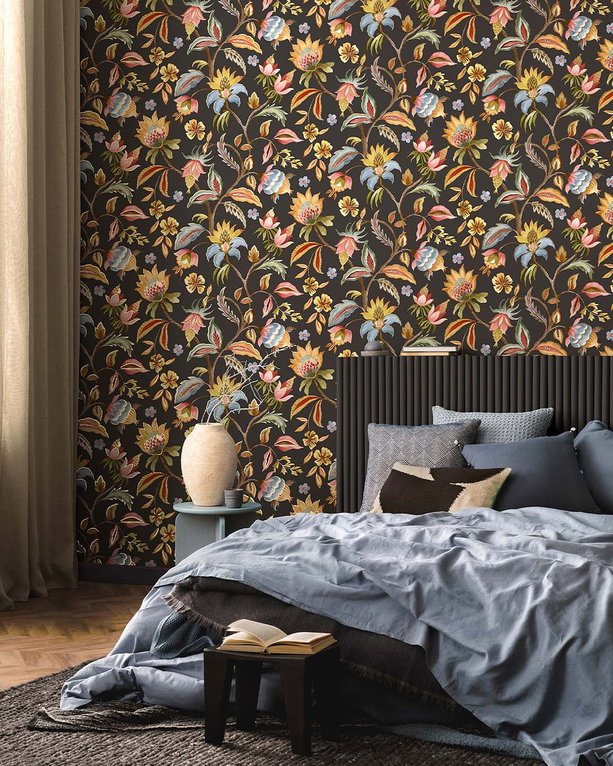 Charcoal Floral Jacobean Wallpaper R10677