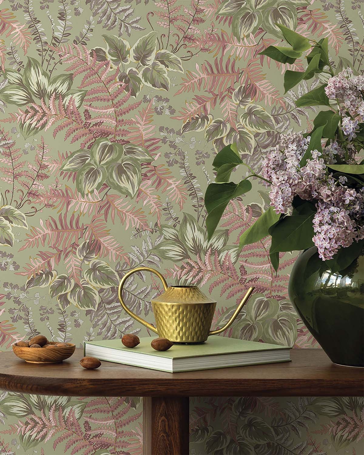 Sage - Blush Hand Painted Foliage Wallpaper R10678