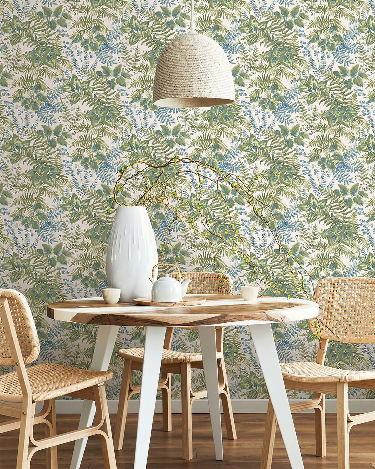 Cream - Sky Blue Hand Painted Foliage Wallpaper R10679