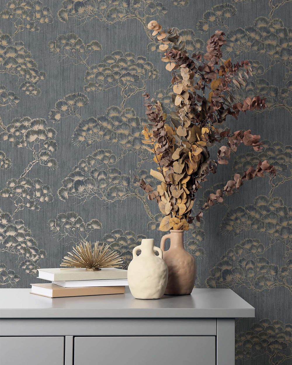Navy Jeweled Japanese Pine Wallpaper R10692