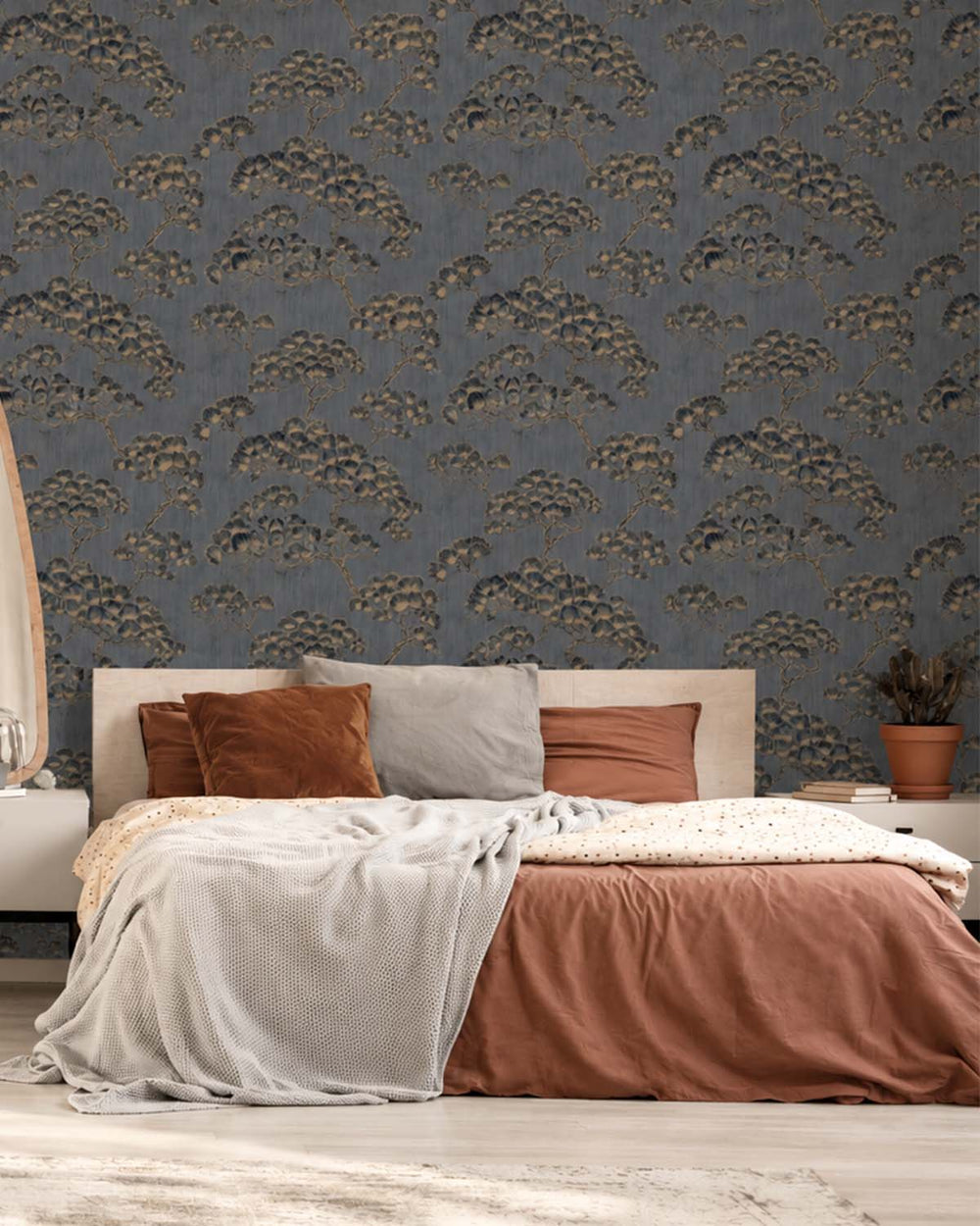 Navy Jeweled Japanese Pine Wallpaper R10692