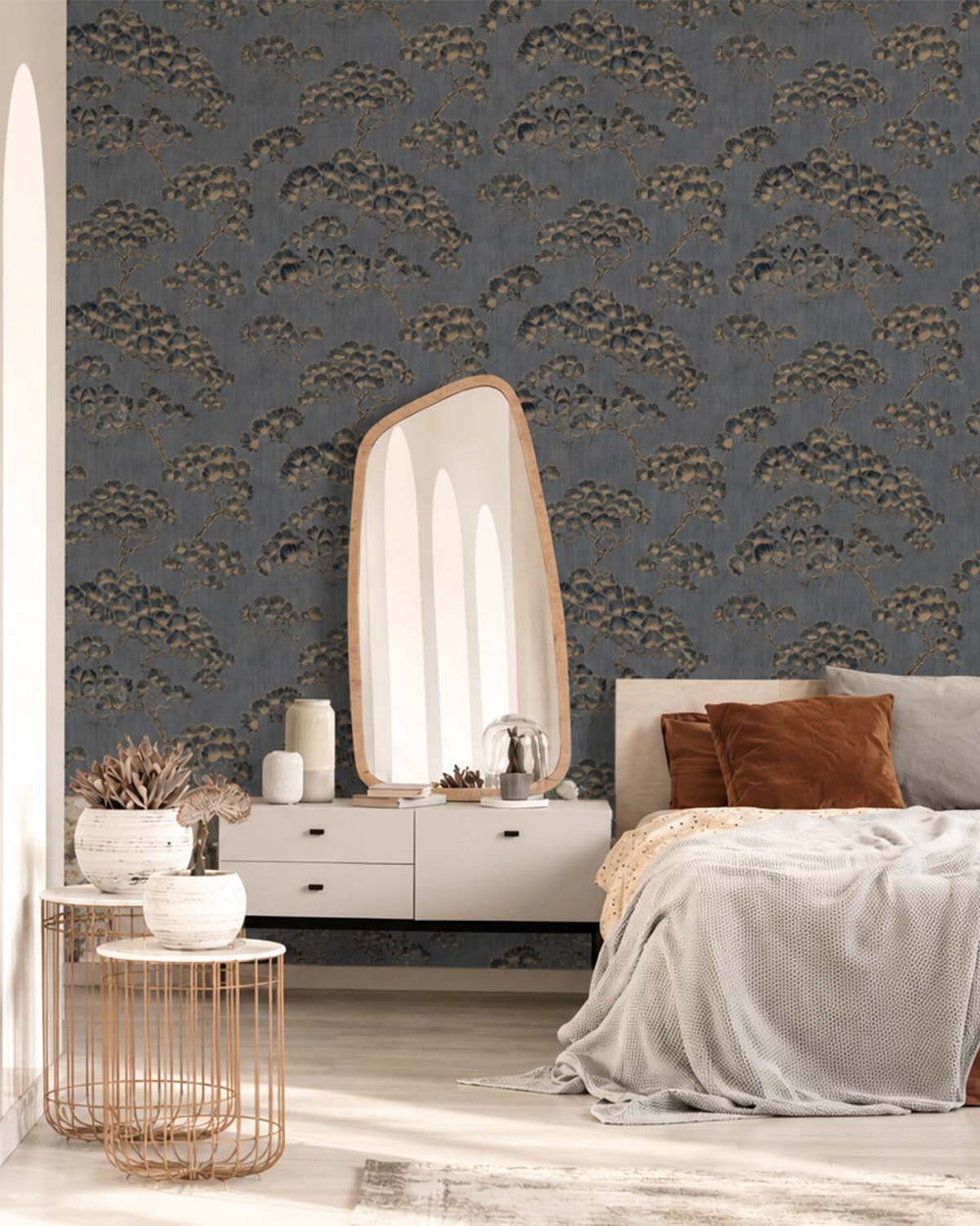 Navy Jeweled Japanese Pine Wallpaper R10692