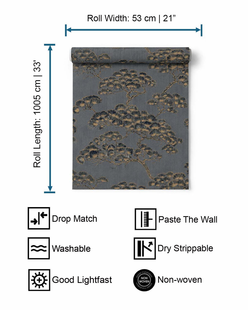 Navy Jeweled Japanese Pine Wallpaper R10692