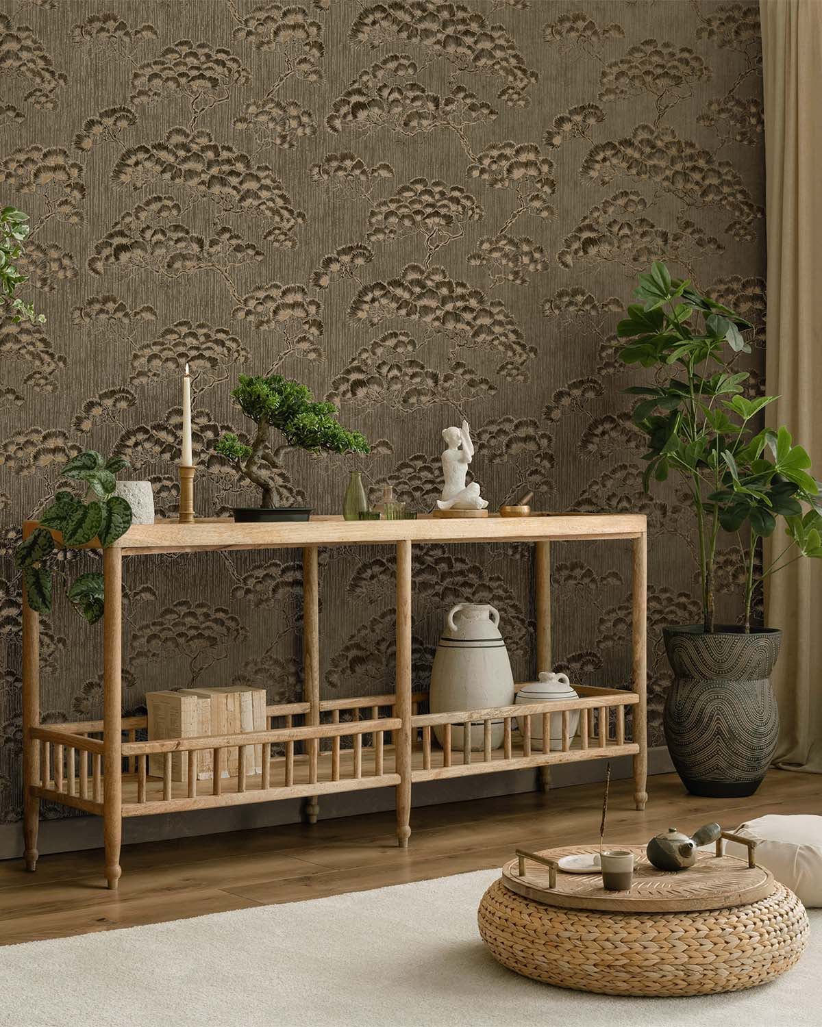 Umber Jeweled Japanese Pine Wallpaper R10693