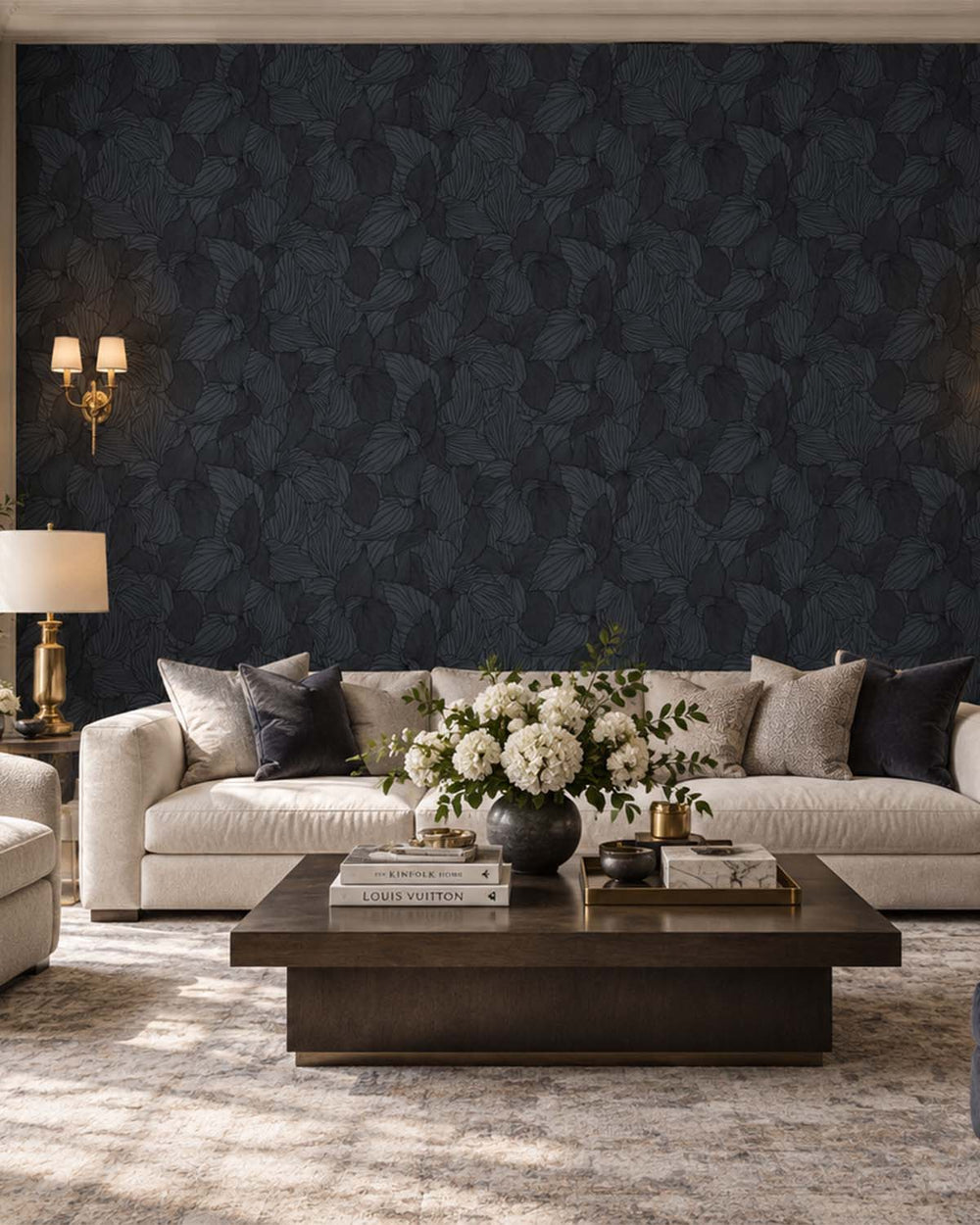 Navy Allover Orchid Petals Wallpaper R10699