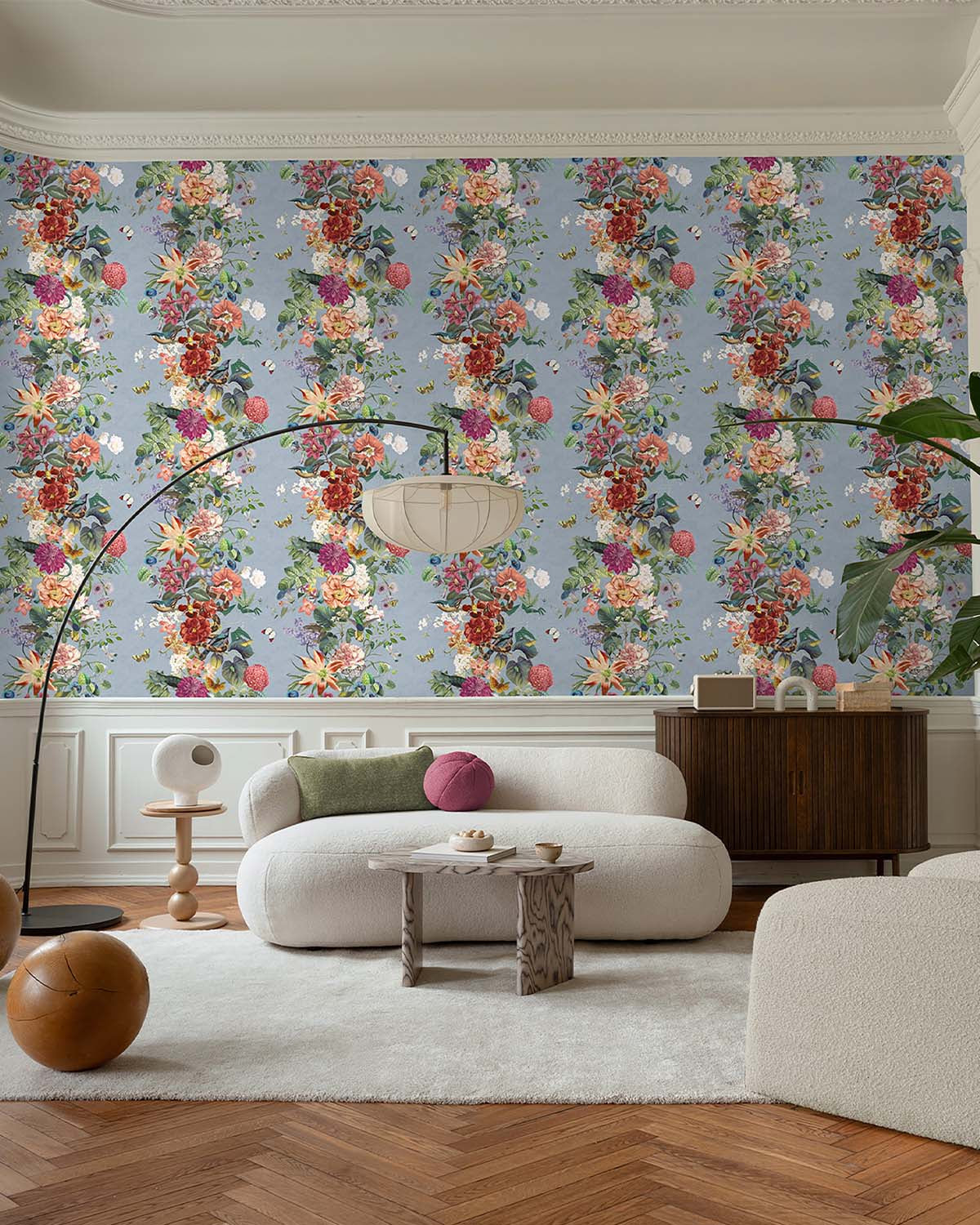 Sky Blue Striped Trailing Flora Wallpaper R10728