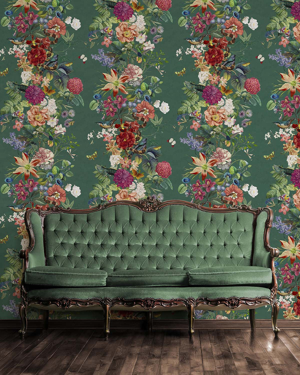 Teal Striped Trailing Flora Wallpaper R10729
