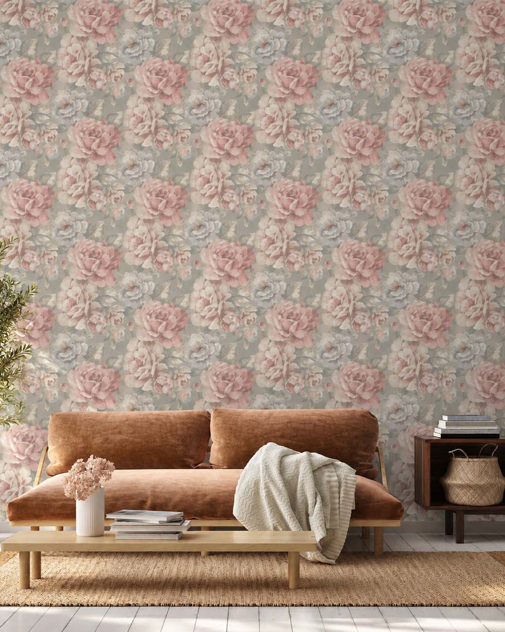 Indian Khaki English Cottage Garden Floral Wallpaper R10760