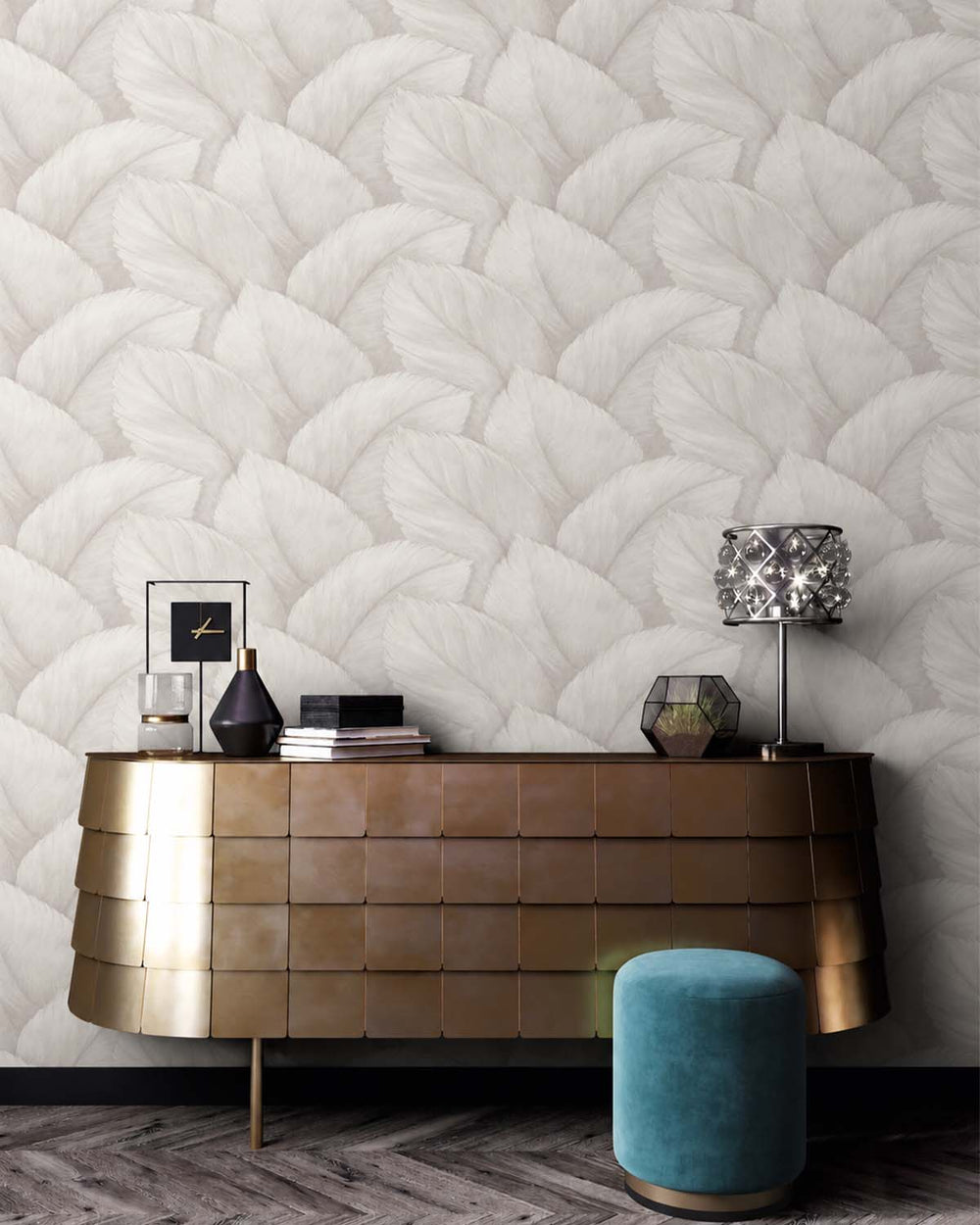 Pearl Ash Overlapping Palm Leaf Wallpaper R10764