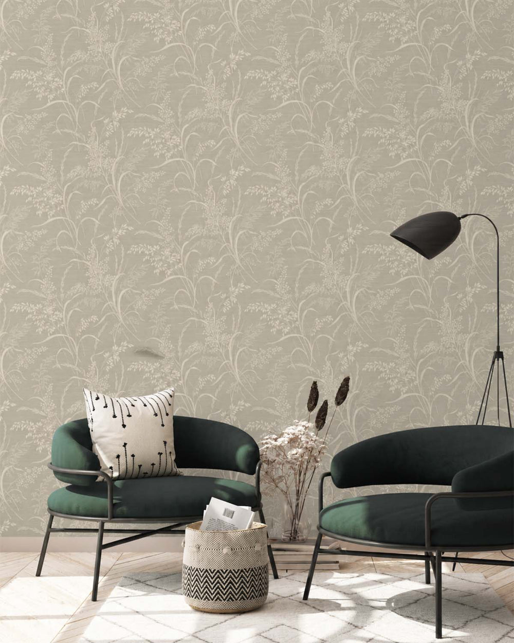 Feather Grey Sprig Grasses Textured Wallpaper R10770