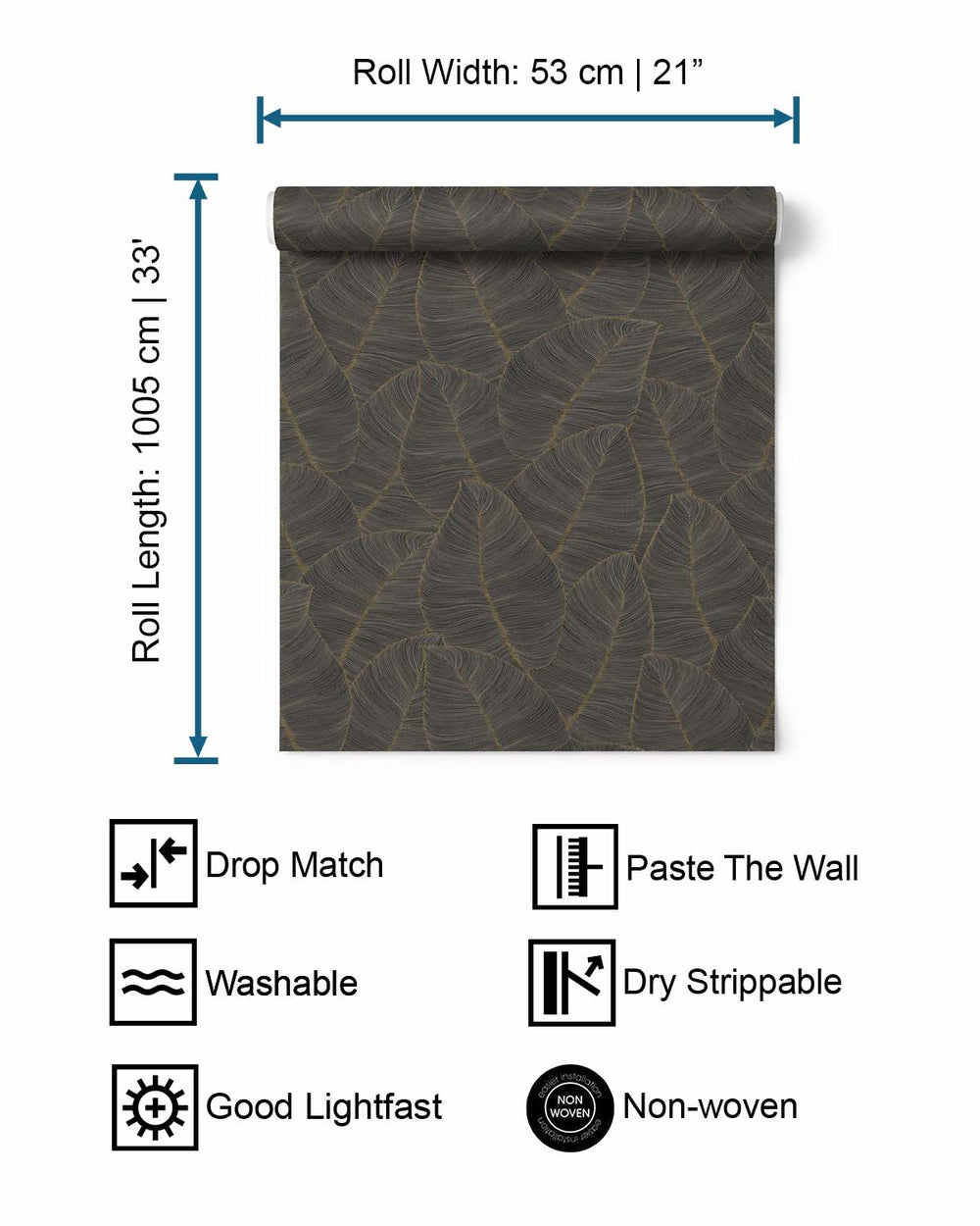 Black Fine Line Leaves Metallic Wallpaper R6297