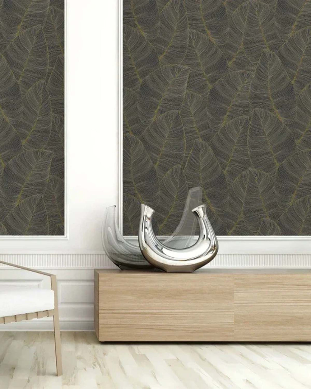 Black Fine Line Leaves Metallic Wallpaper R6297