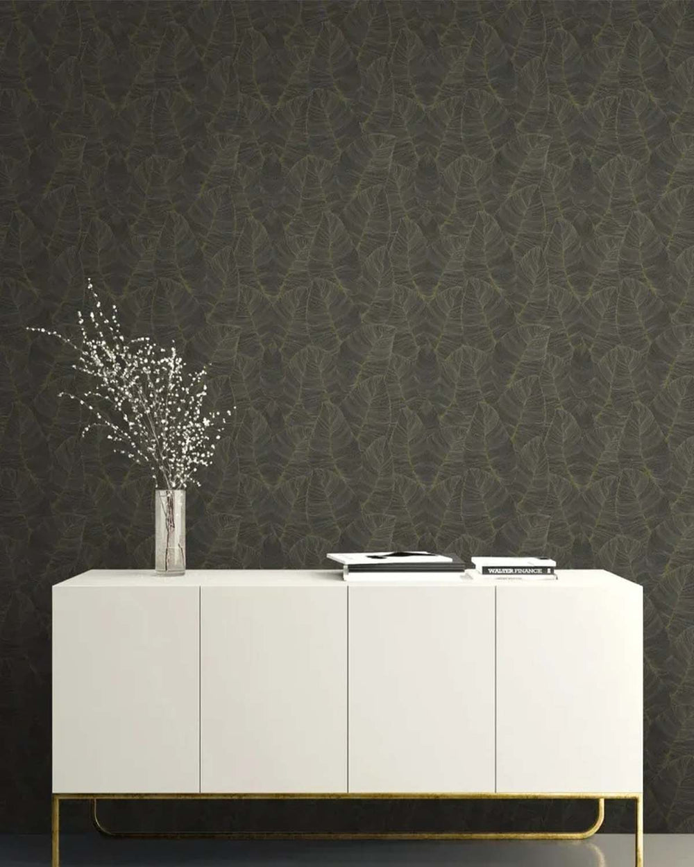 Black Fine Line Leaves Metallic Wallpaper R6297