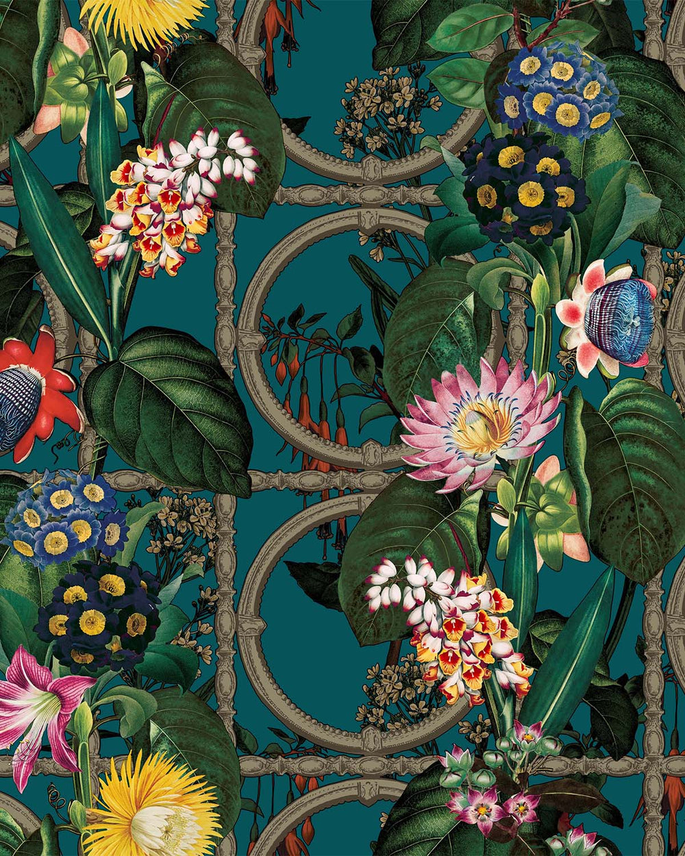 Teal Metallic Bold Flowers and Leaves Floral Wallpaper R7576