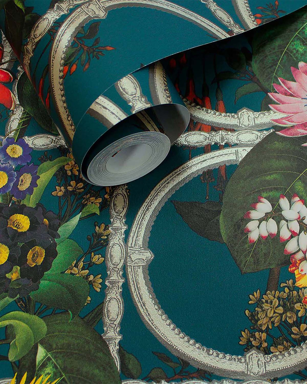 Teal Metallic Bold Flowers and Leaves Floral Wallpaper R7576