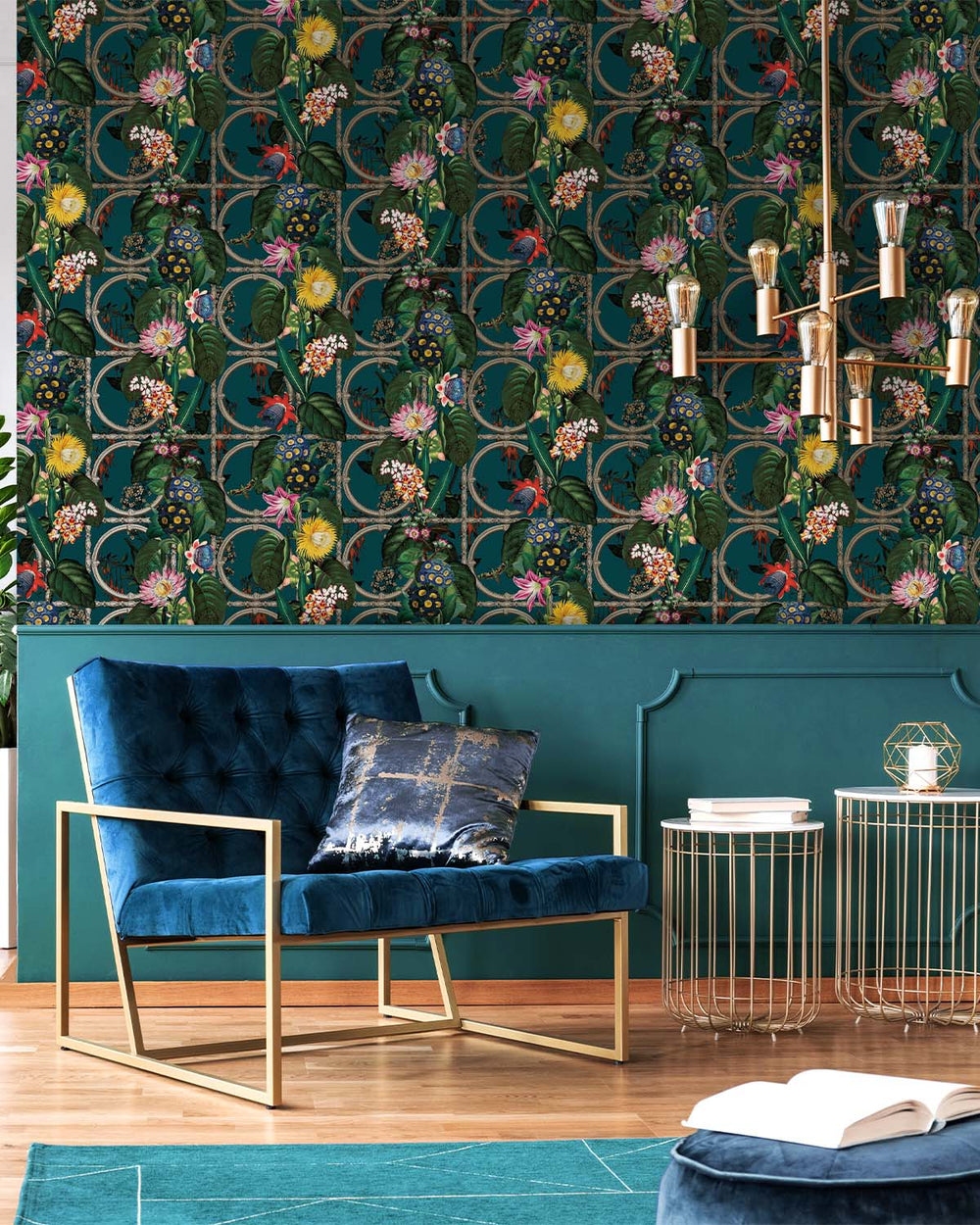 Teal Metallic Bold Flowers and Leaves Floral Wallpaper R7576