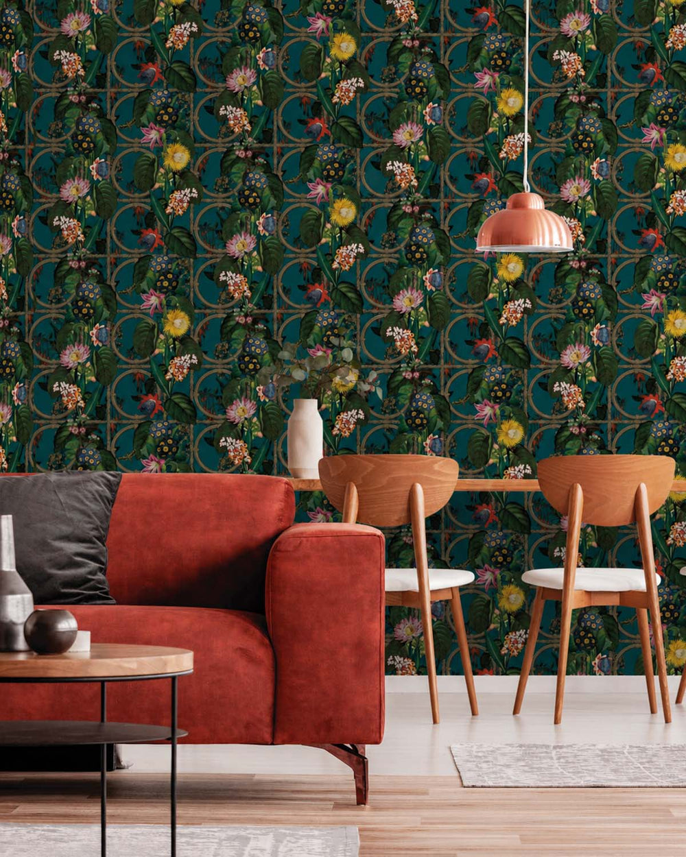 Teal Metallic Bold Flowers and Leaves Floral Wallpaper R7576