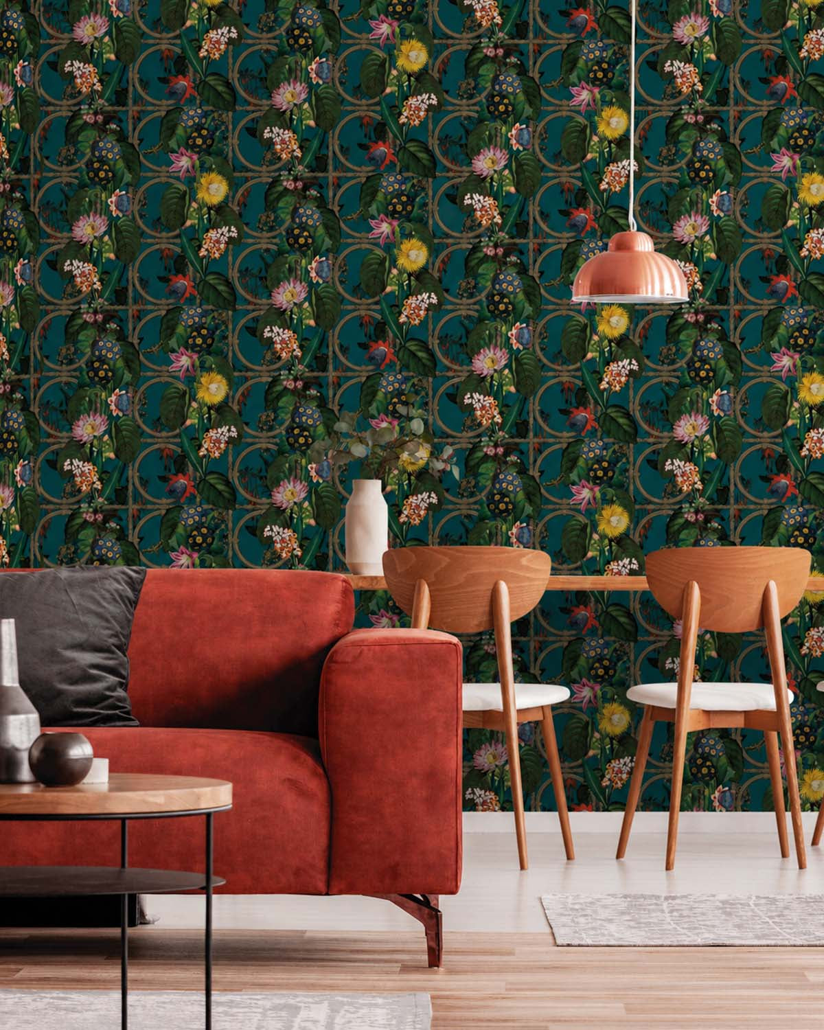 Teal Metallic Bold Flowers and Leaves Floral Wallpaper R7576