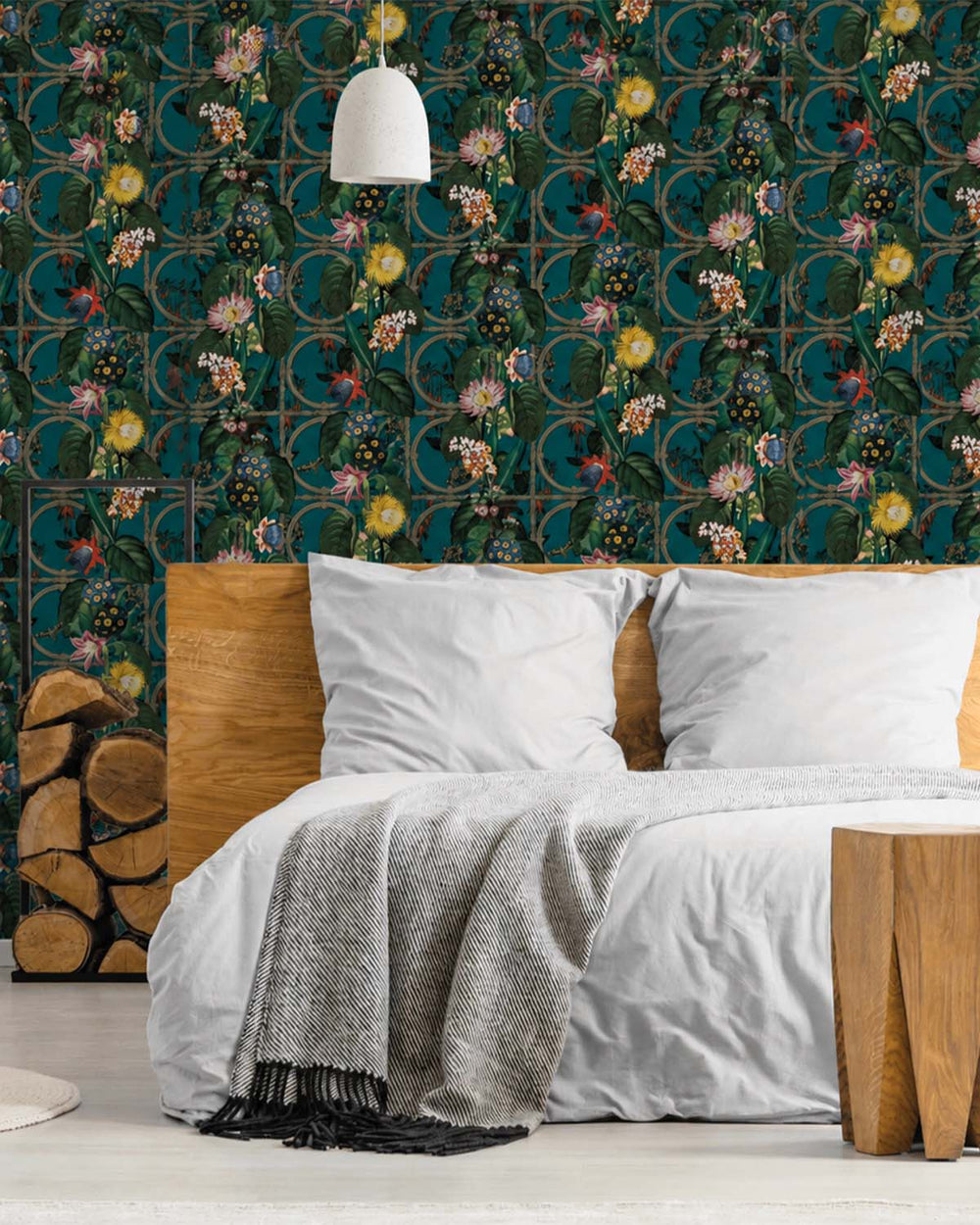 Teal Metallic Bold Flowers and Leaves Floral Wallpaper R7576