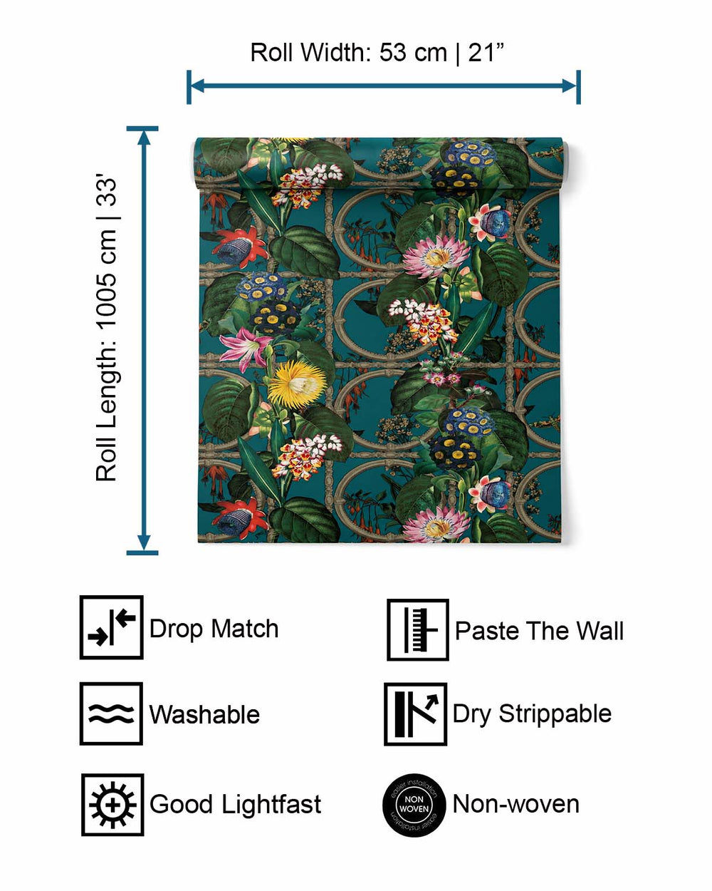Teal Metallic Bold Flowers and Leaves Floral Wallpaper R7576