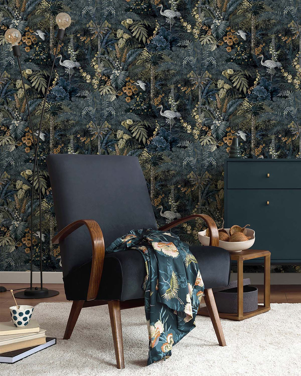 Navy  Bold Tropical Paradise Botanical Wallpaper R7579