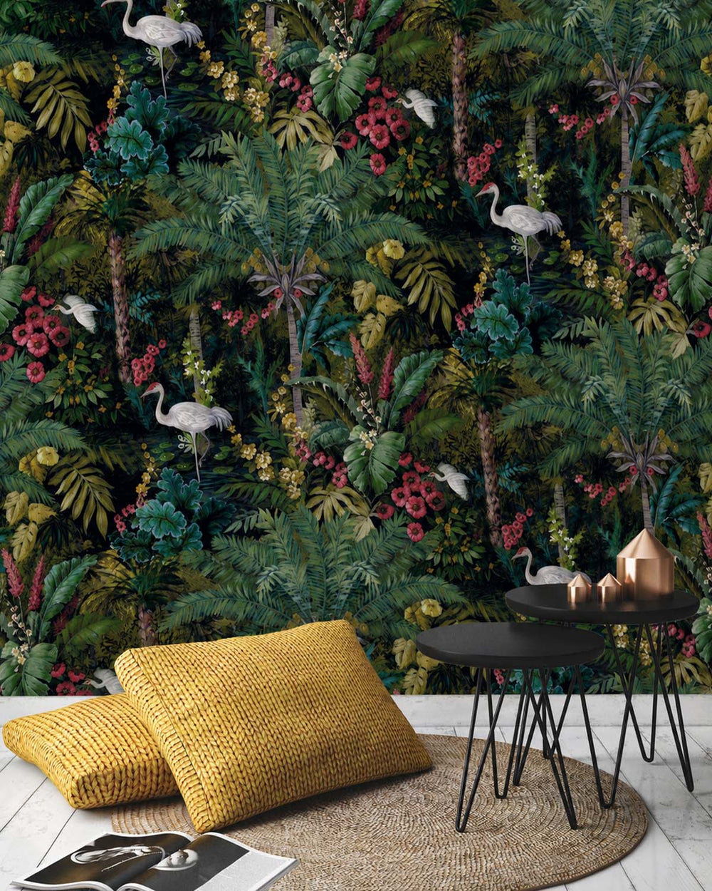 Black  Bold Tropical Paradise Botanical Wallpaper R7580