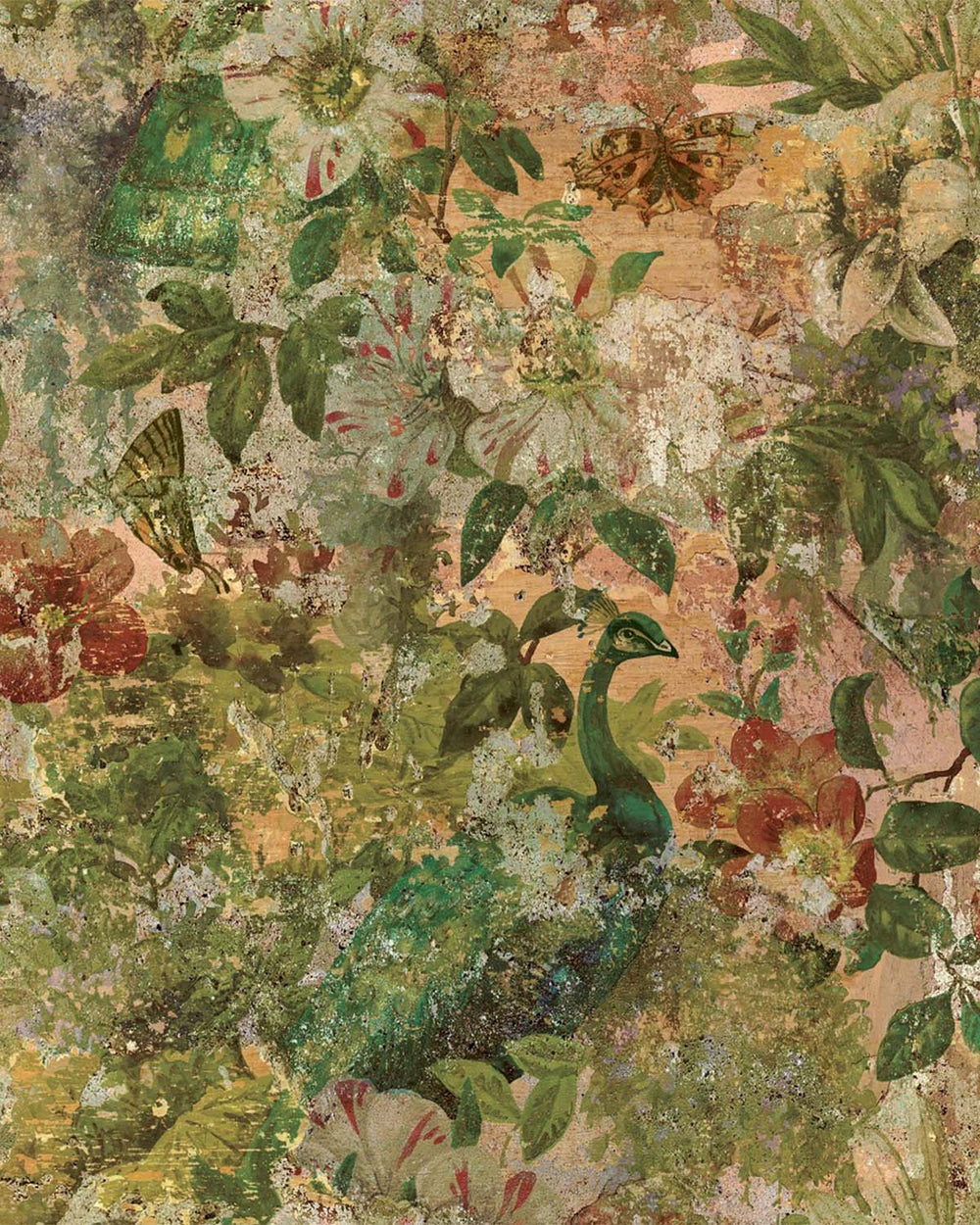 Multi-Color Flowers and Peacock in Distressed Concrete Wallpaper R7584