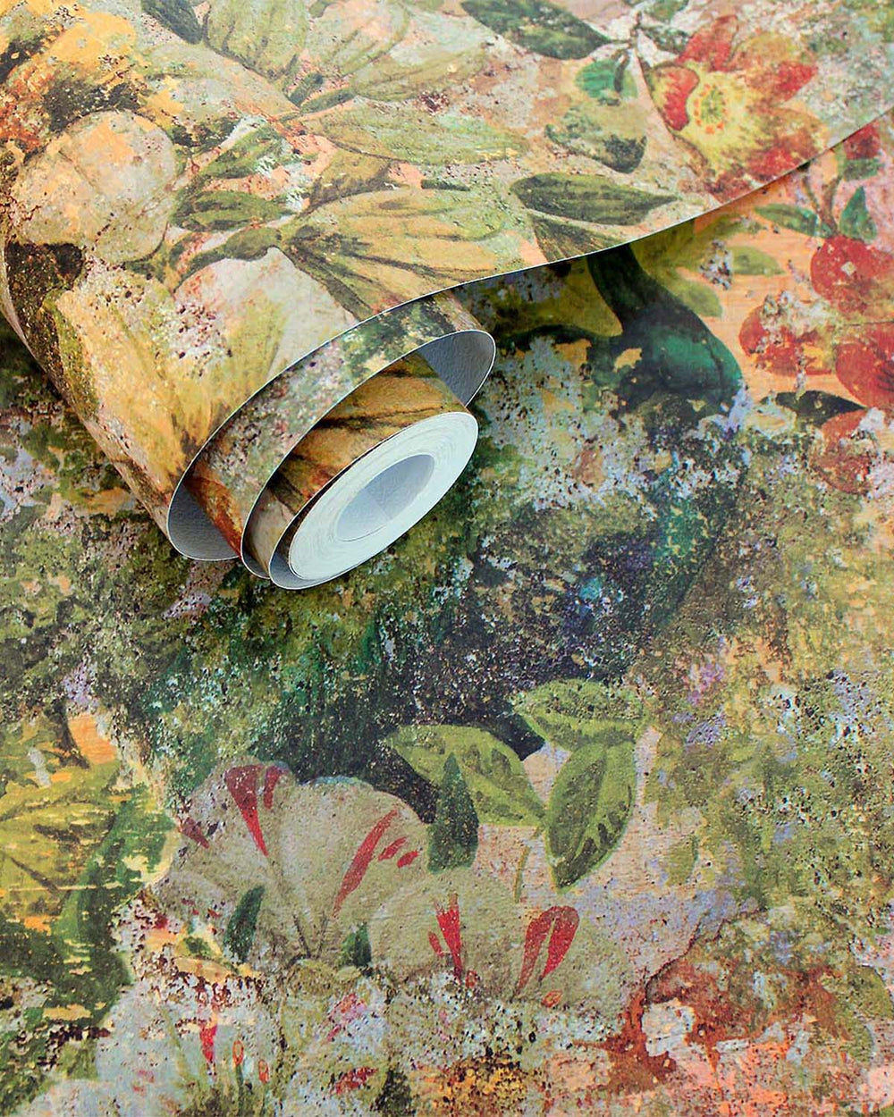 Multi-Color Flowers and Peacock in Distressed Concrete Wallpaper R7584