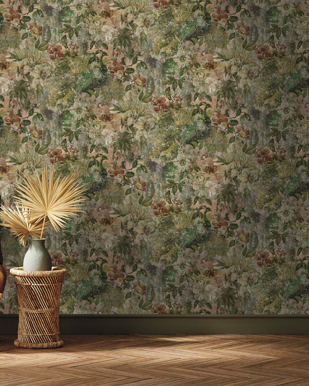 Multi-Color Flowers and Peacock in Distressed Concrete Wallpaper R7584
