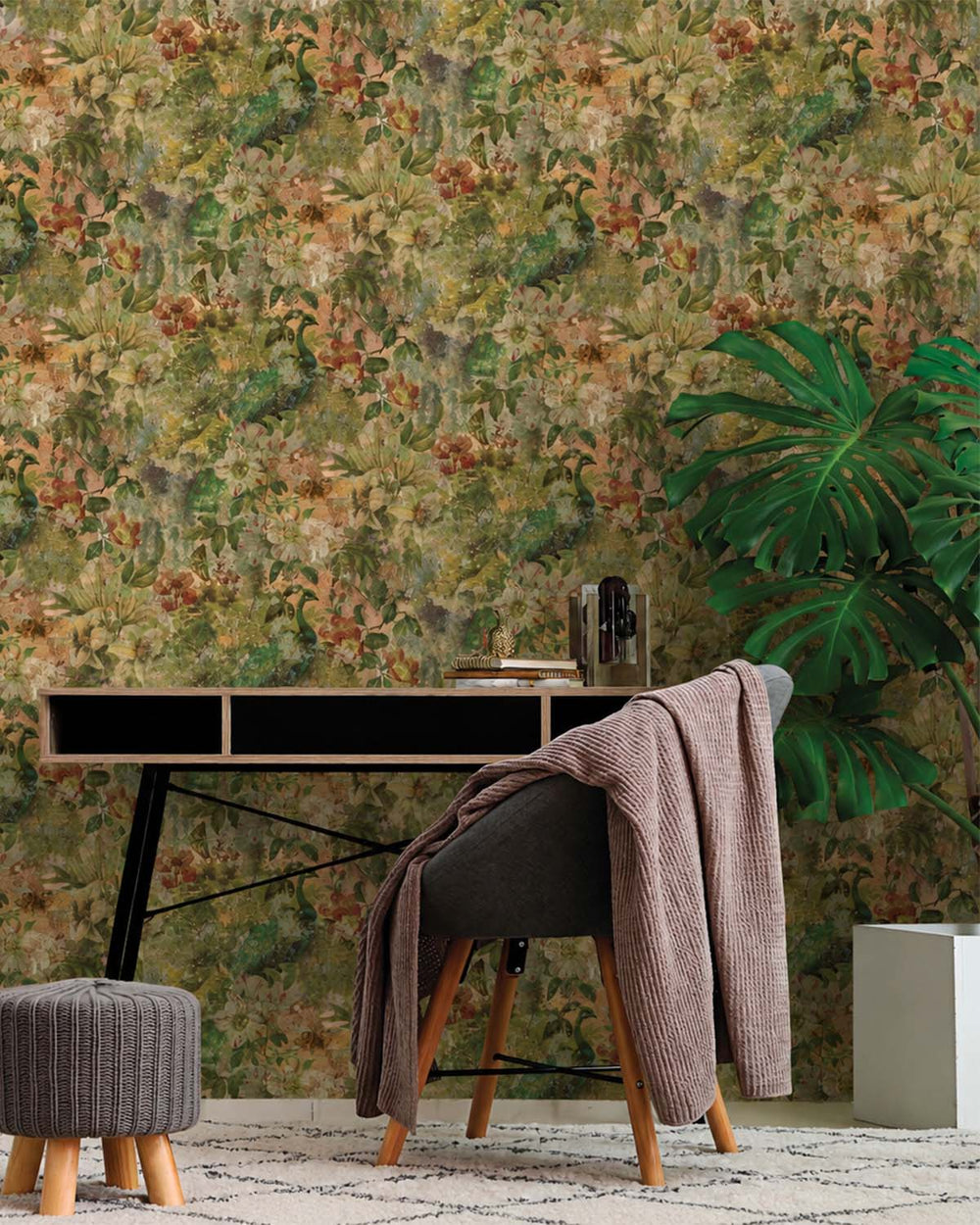 Multi-Color Flowers and Peacock in Distressed Concrete Wallpaper R7584