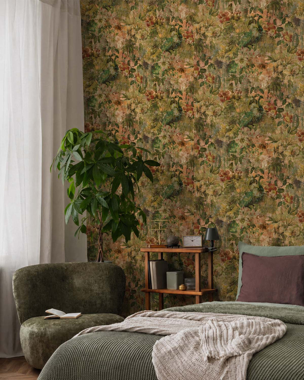 Multi-Color Flowers and Peacock in Distressed Concrete Wallpaper R7584