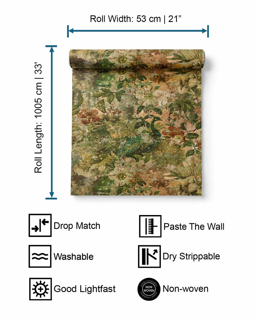 Multi-Color Flowers and Peacock in Distressed Concrete Wallpaper R7584