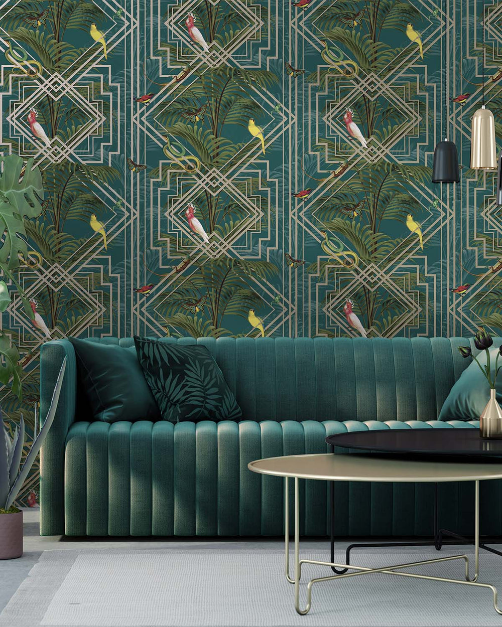 Turquoise Art Deco Geometric Tropical Wallpaper R7586
