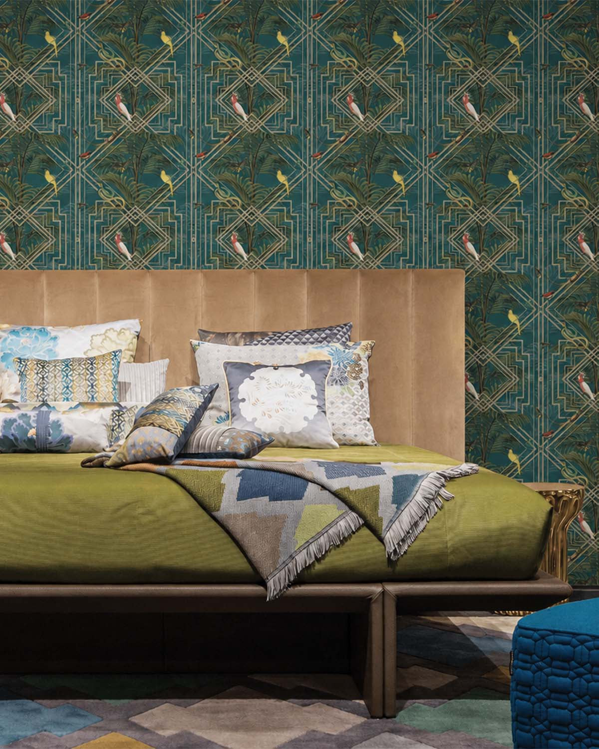 Turquoise Art Deco Geometric Tropical Wallpaper R7586