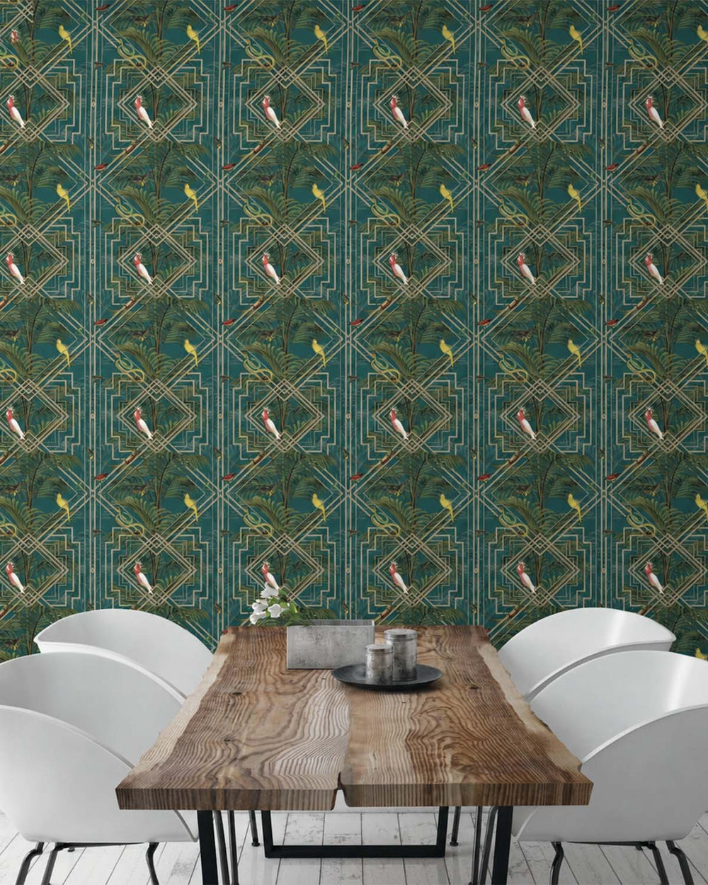 Turquoise Art Deco Geometric Tropical Wallpaper R7586