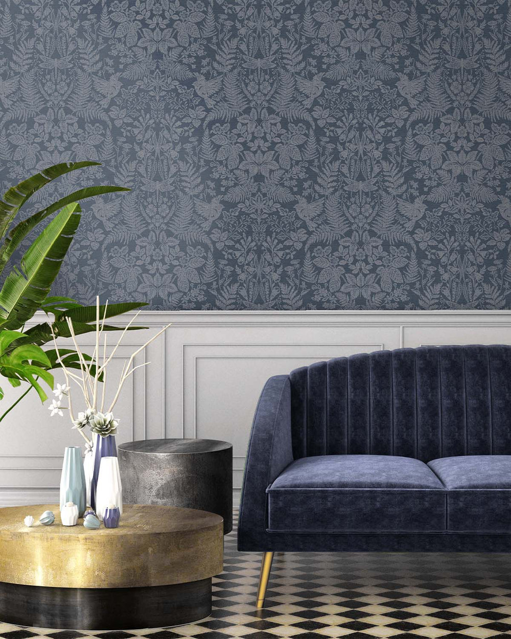 Navy  Floral Stitch Damask Wallpaper R7675
