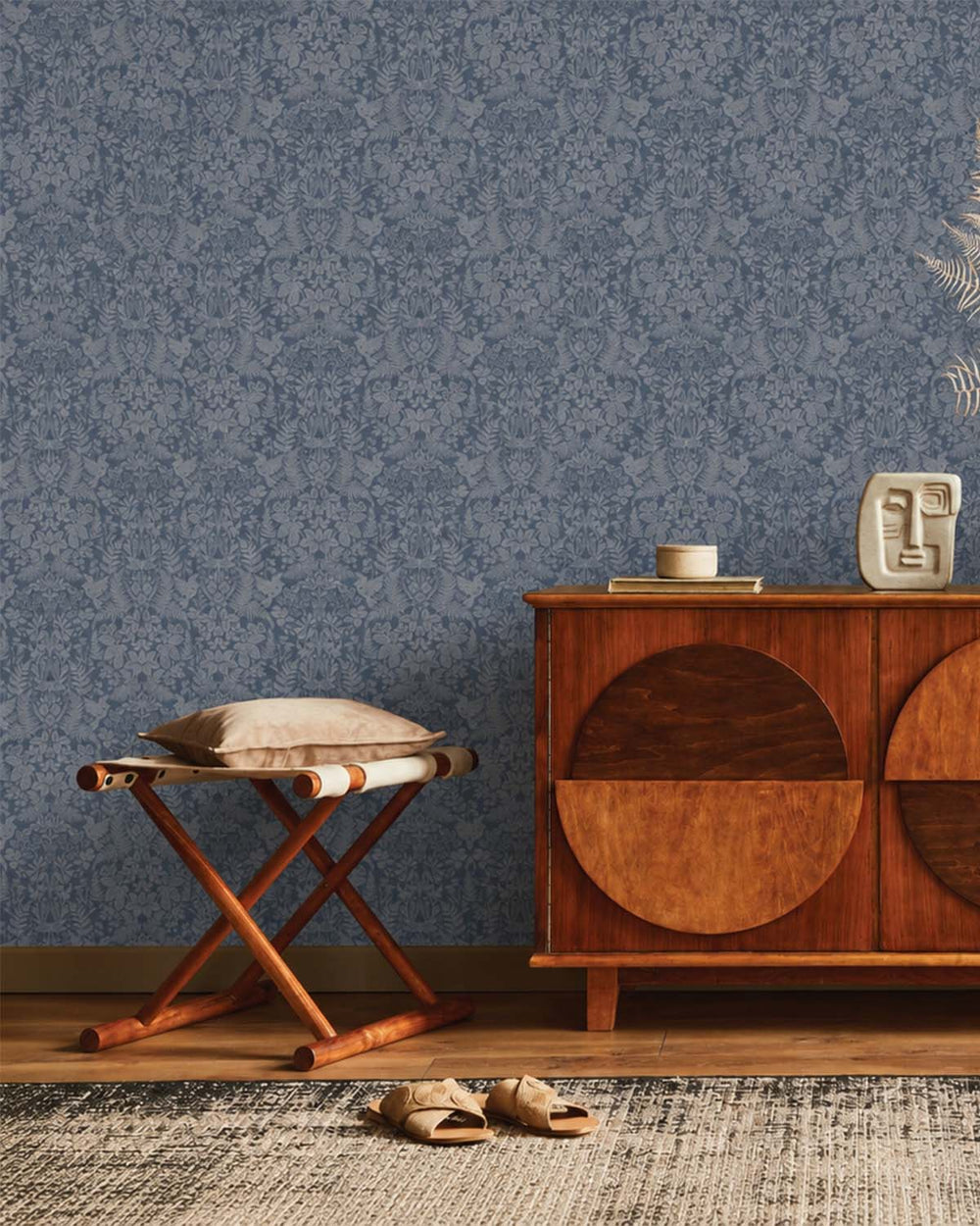 Navy  Floral Stitch Damask Wallpaper R7675