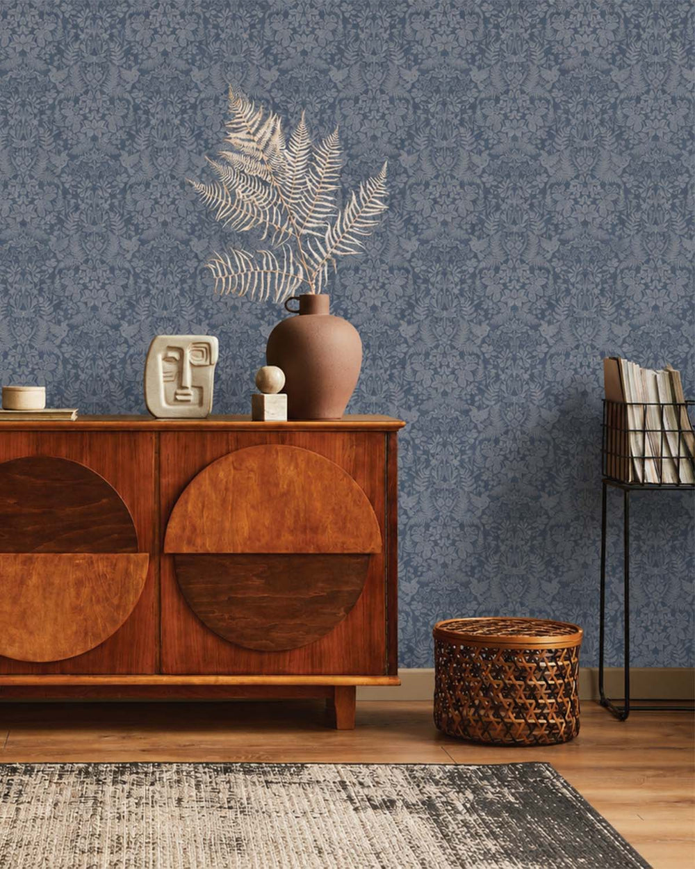 Navy  Floral Stitch Damask Wallpaper R7675