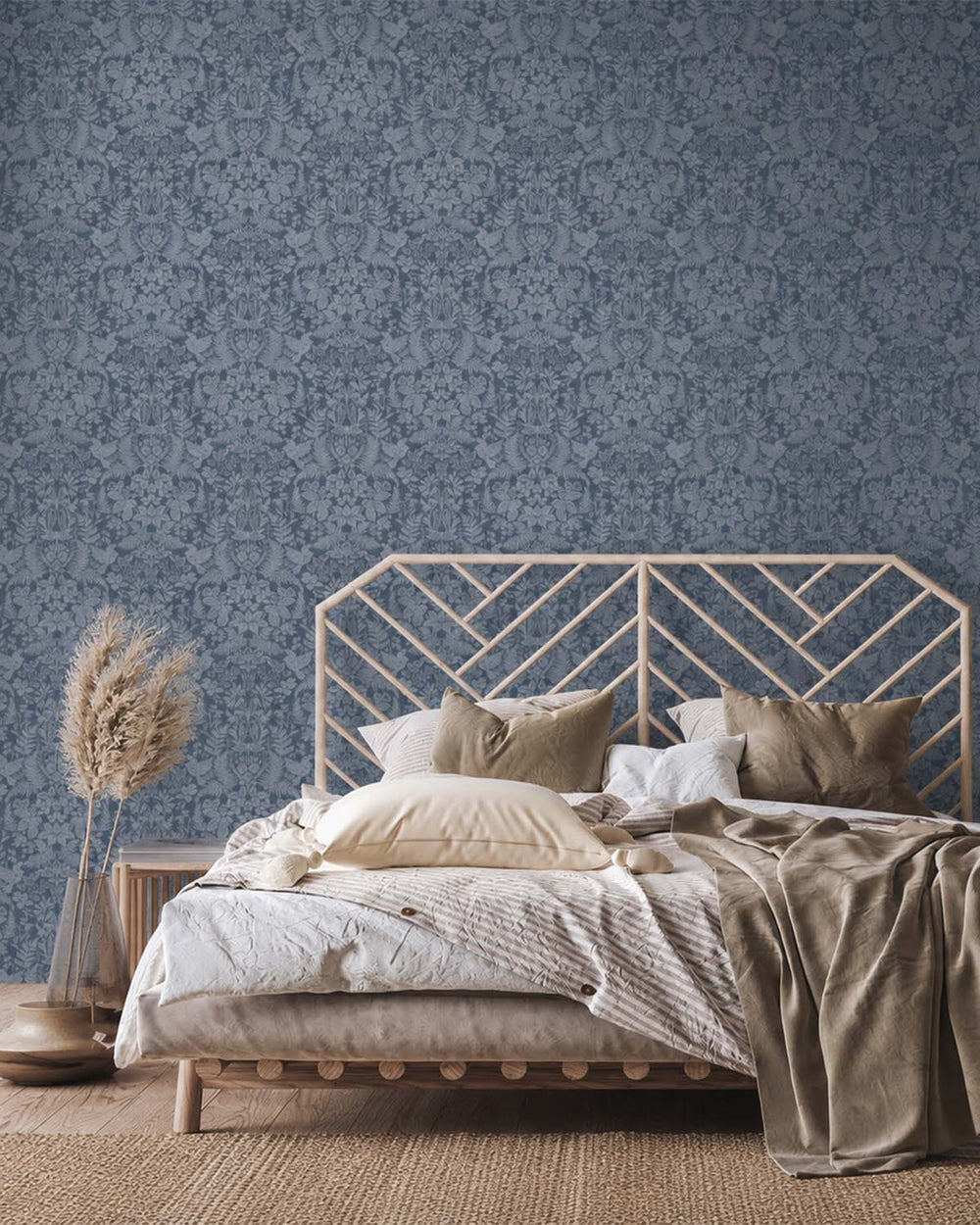 Navy  Floral Stitch Damask Wallpaper R7675