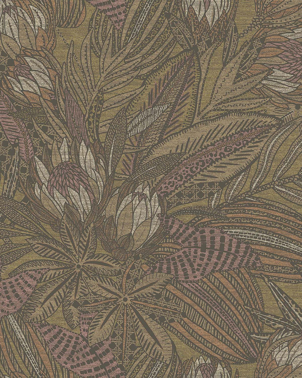 Ochre Bold Leaves and Protea Flowers Tropical Wallpaper R7684