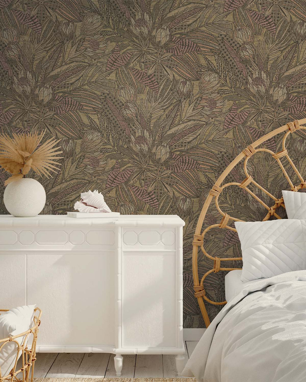 Ochre Bold Leaves and Protea Flowers Tropical Wallpaper R7684