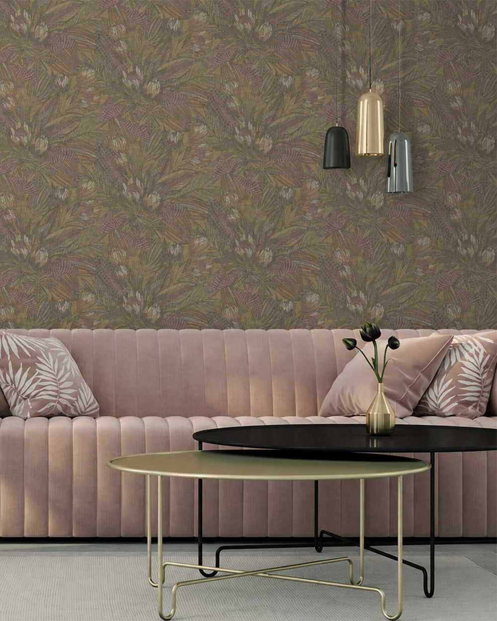 Ochre Bold Leaves and Protea Flowers Tropical Wallpaper R7684