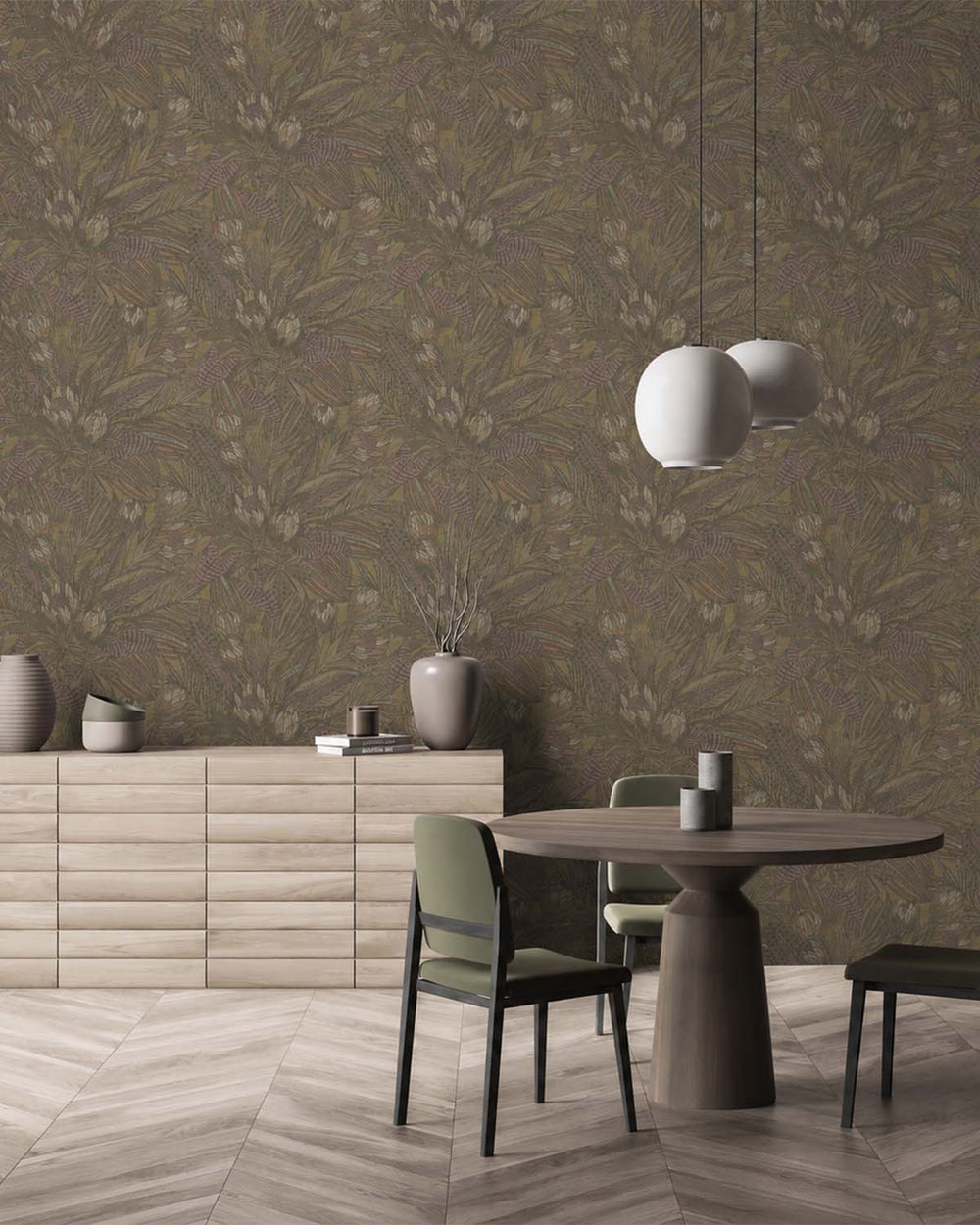 Ochre Bold Leaves and Protea Flowers Tropical Wallpaper R7684
