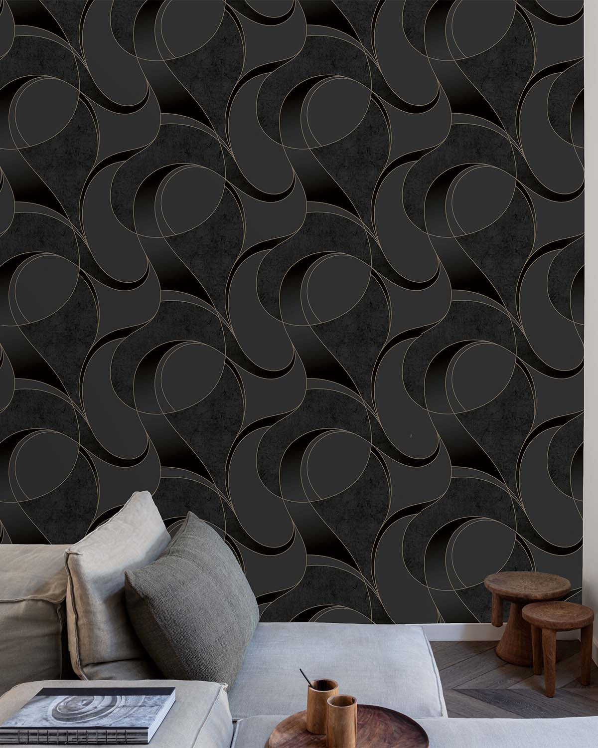 Black Abstract Geometric Swirl R8004