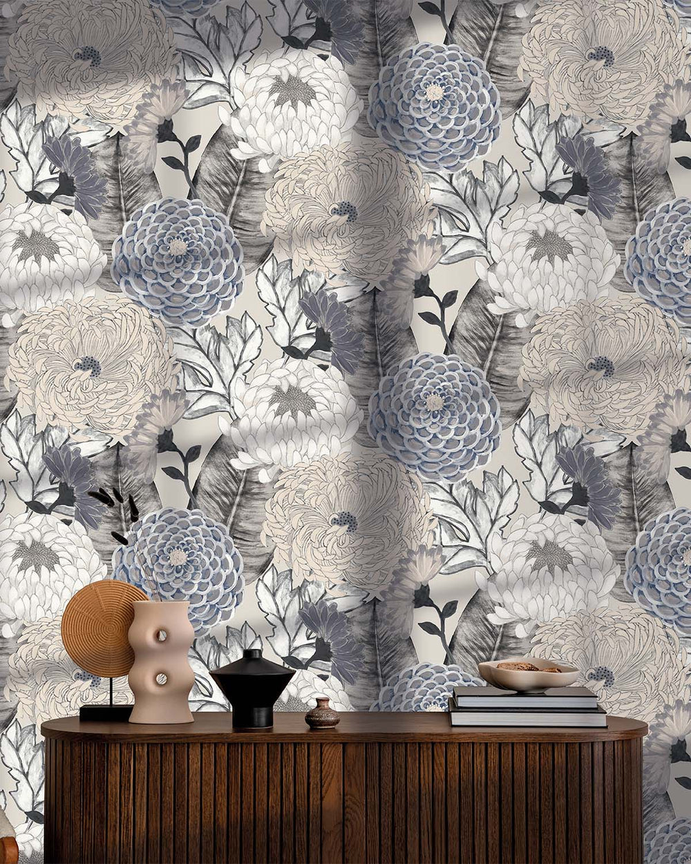 Grey - Blush Pink Bold Floral Blossoms R8127